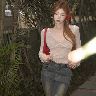 新款 气质V领假两件拼接修身 春装 网红款 上衣女纯欲提花 长袖 蕾丝衫