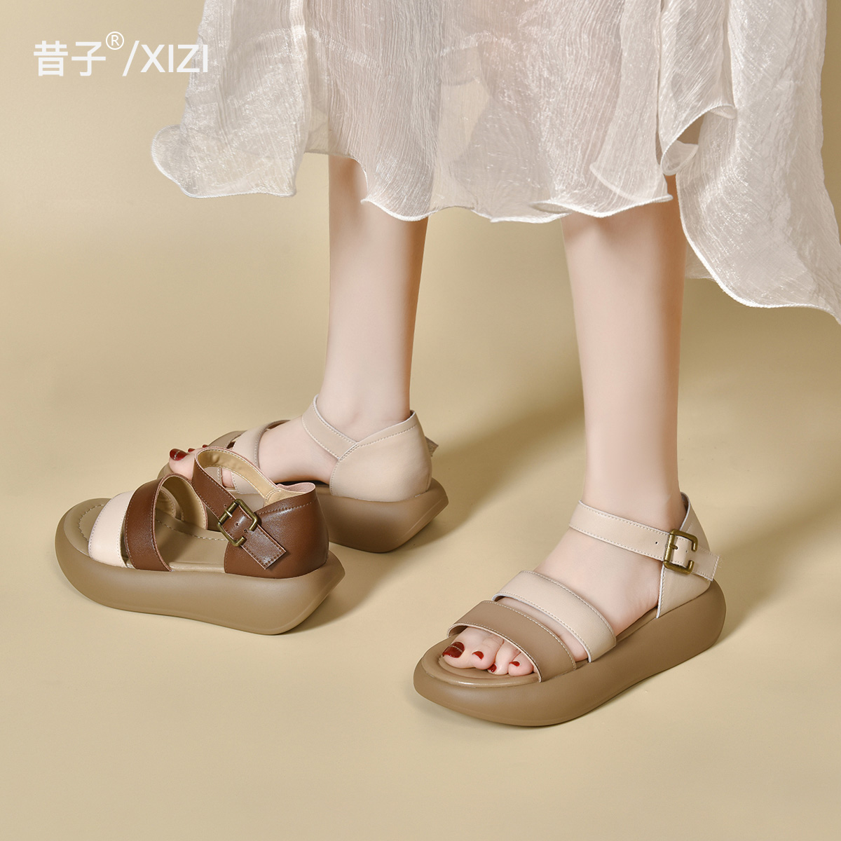 昔子L518松糕厚底凉鞋女新款夏季时尚女鞋舒适轻便一字带罗马凉鞋