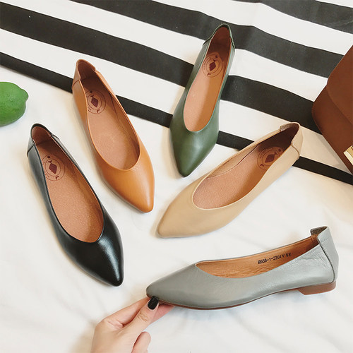 昔子688-1头层牛皮单鞋软底真皮浅口女鞋大码 单鞋尖头皮鞋低跟款