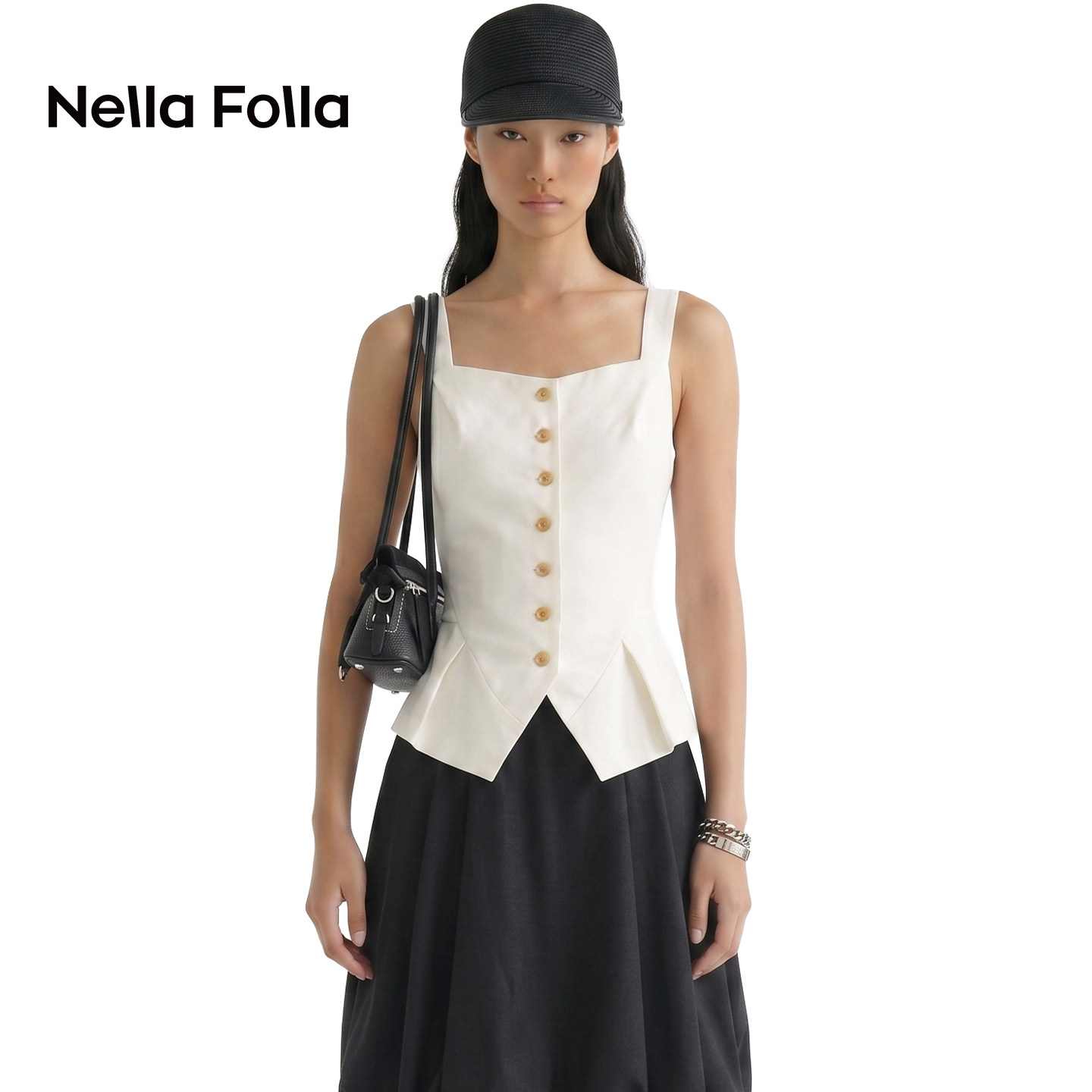 Nella Folla 方领纽扣白色背心女夏无袖上衣轻露肤穿搭时髦