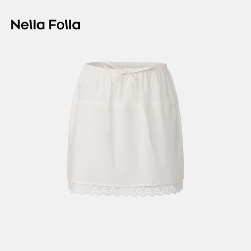 NellaFolla白色花边松紧腰短裙