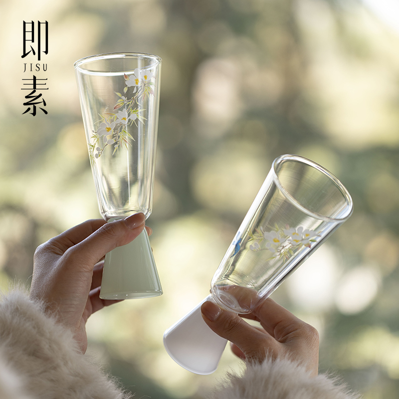 即素 耐热玻璃透明高足茶杯家用绿茶品茗杯子单杯手工贴花主人杯