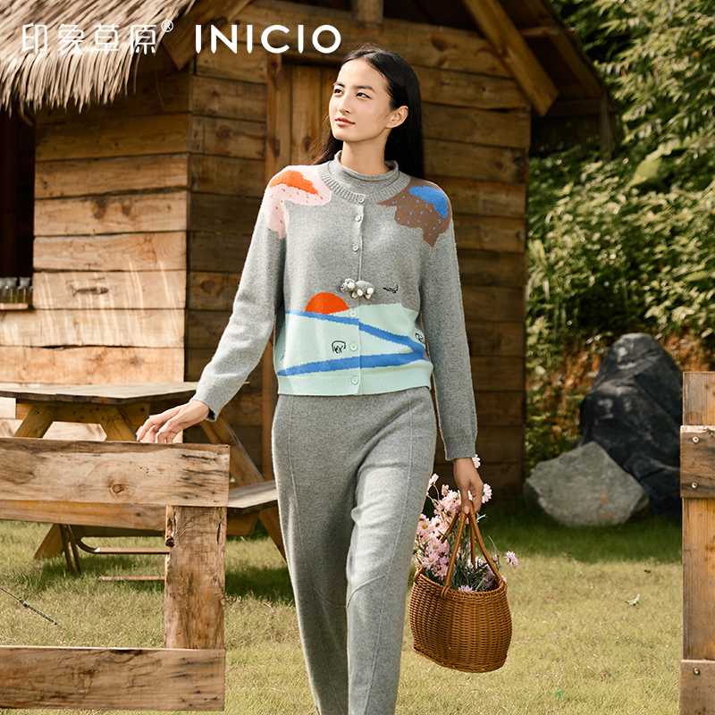 印象草原山羊绒圆领针织开衫外套