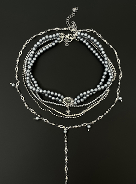 Vintage古着 Baroque grey pearl tassels stacked necklace项链