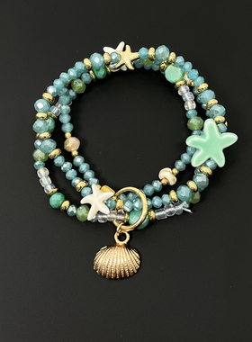 Vintage古着 Green beads starfish stacked bracelet手链