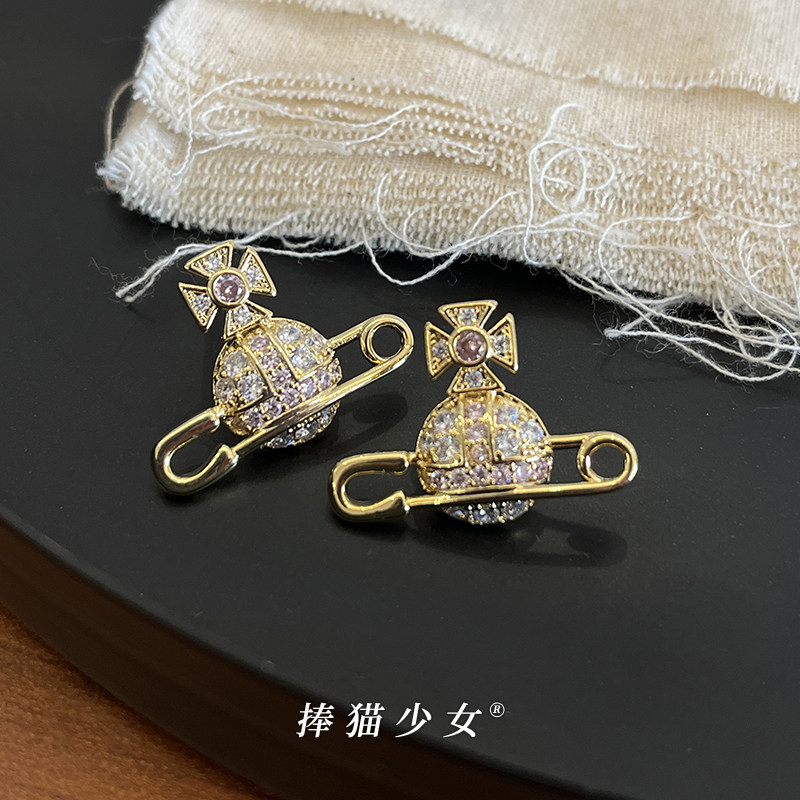 [捧猫少女]复古轻奢微镶锆石土星耳钉小众高级感满钻耳环气质通勤