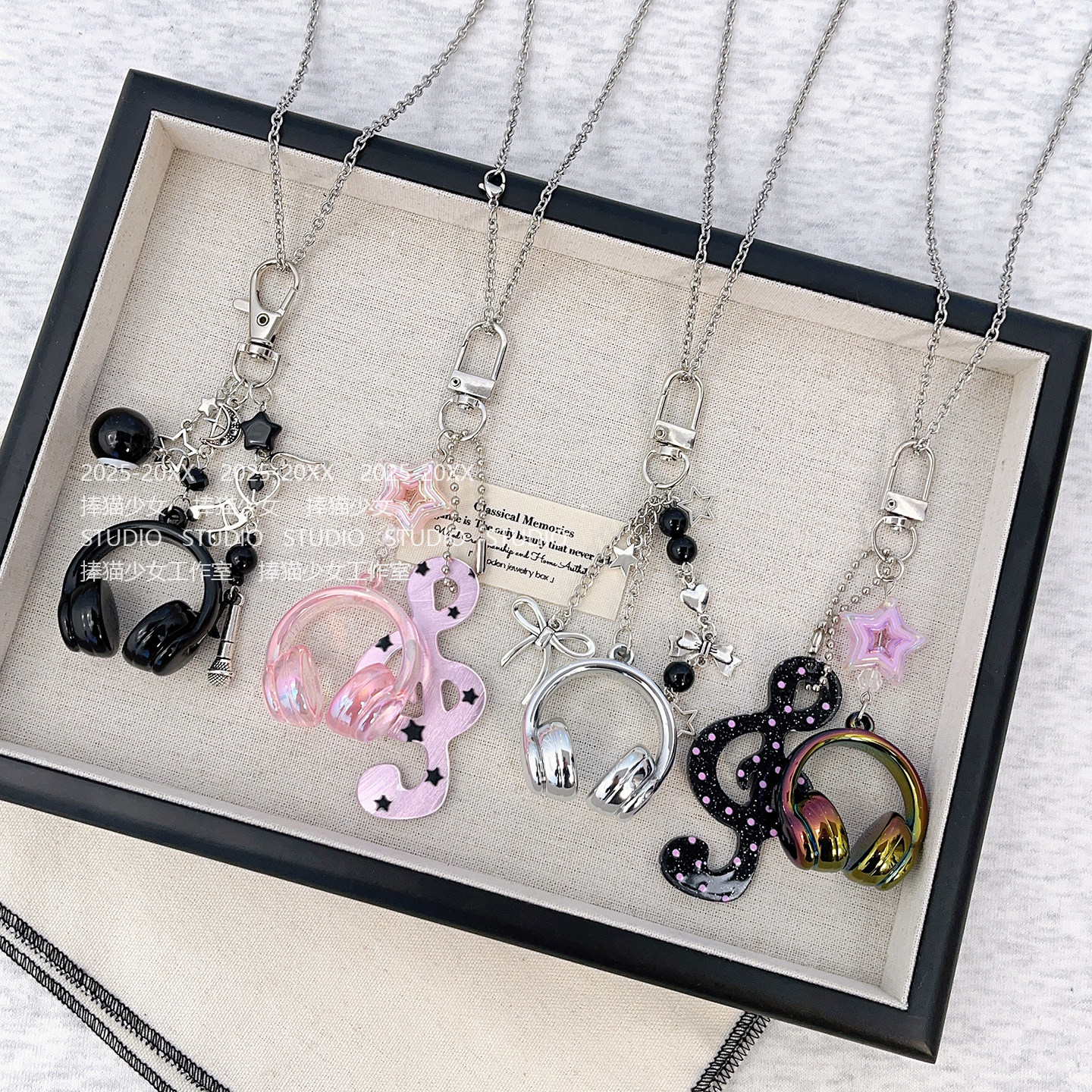[捧猫少女]甜酷黑色耳机音符项链小众Y2k粉紫星星吊坠音乐节配饰