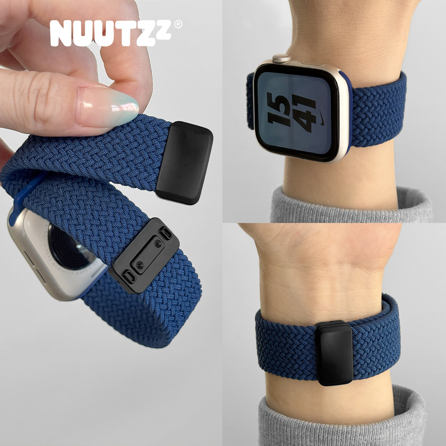 NUUTZz秋冬新款蓝色弹力尼龙编织磁吸iwatch手表带适用苹果s11透气applewatch男se女s10高级感ultra创意49mm