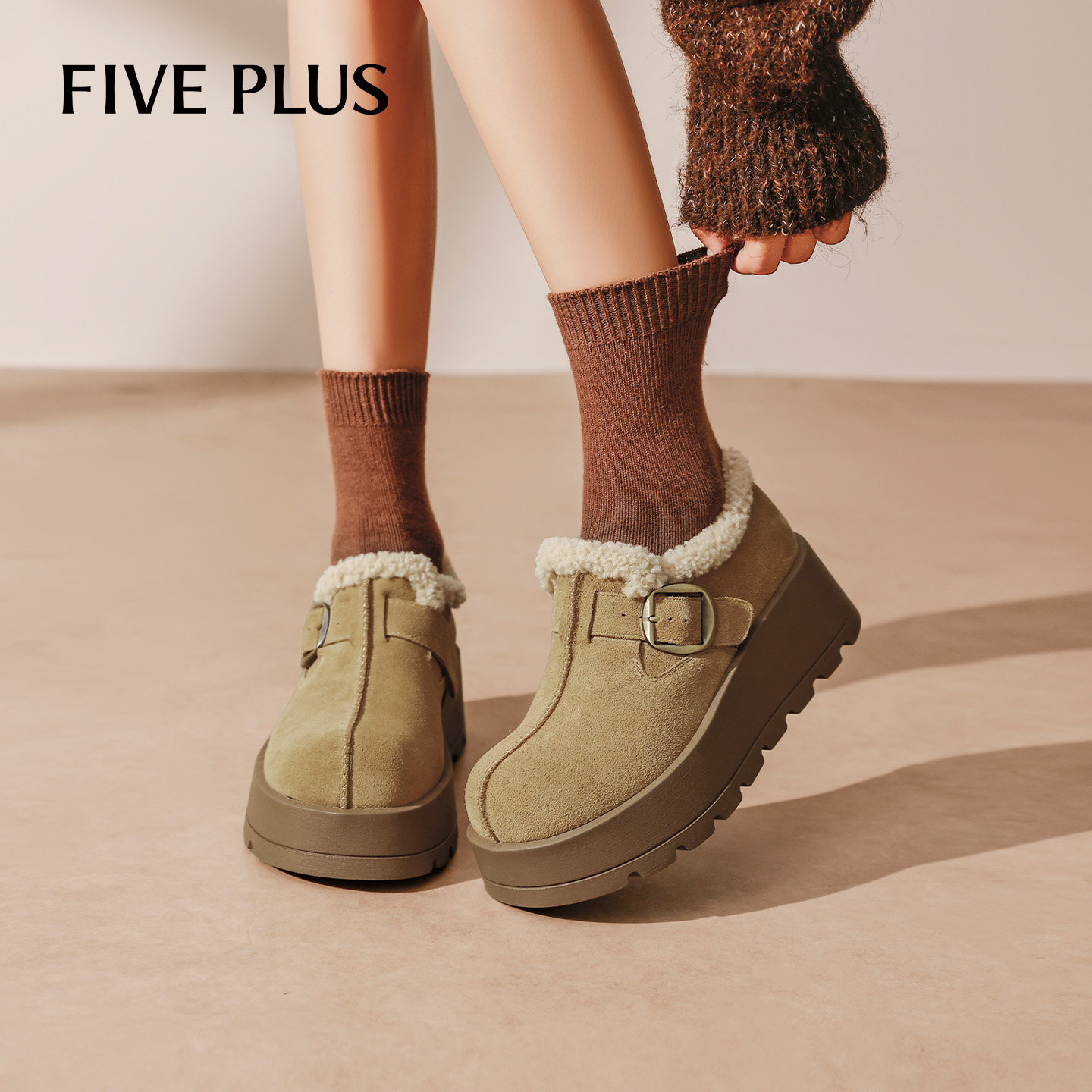FIVEPLUS真皮加绒勃肯鞋女厚底