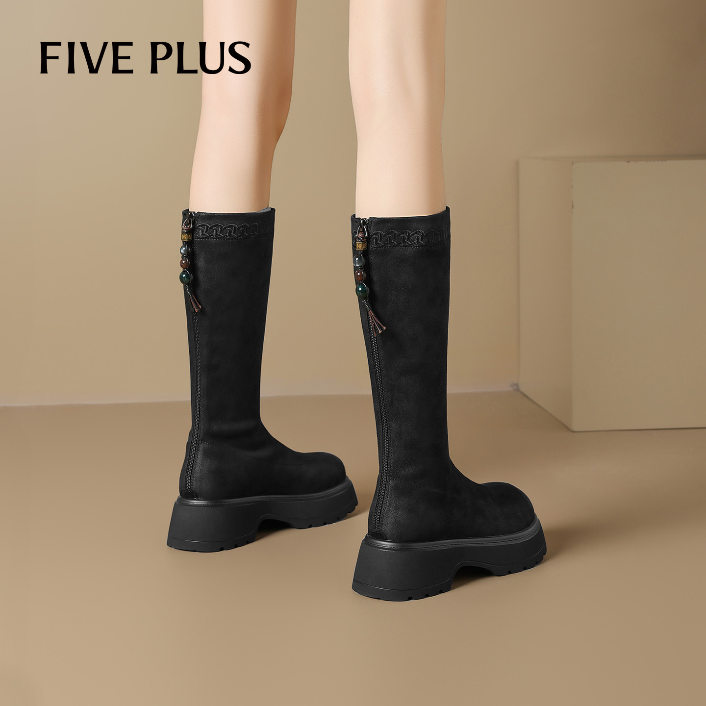 FIVEPLUS厚底弹力骑士靴女