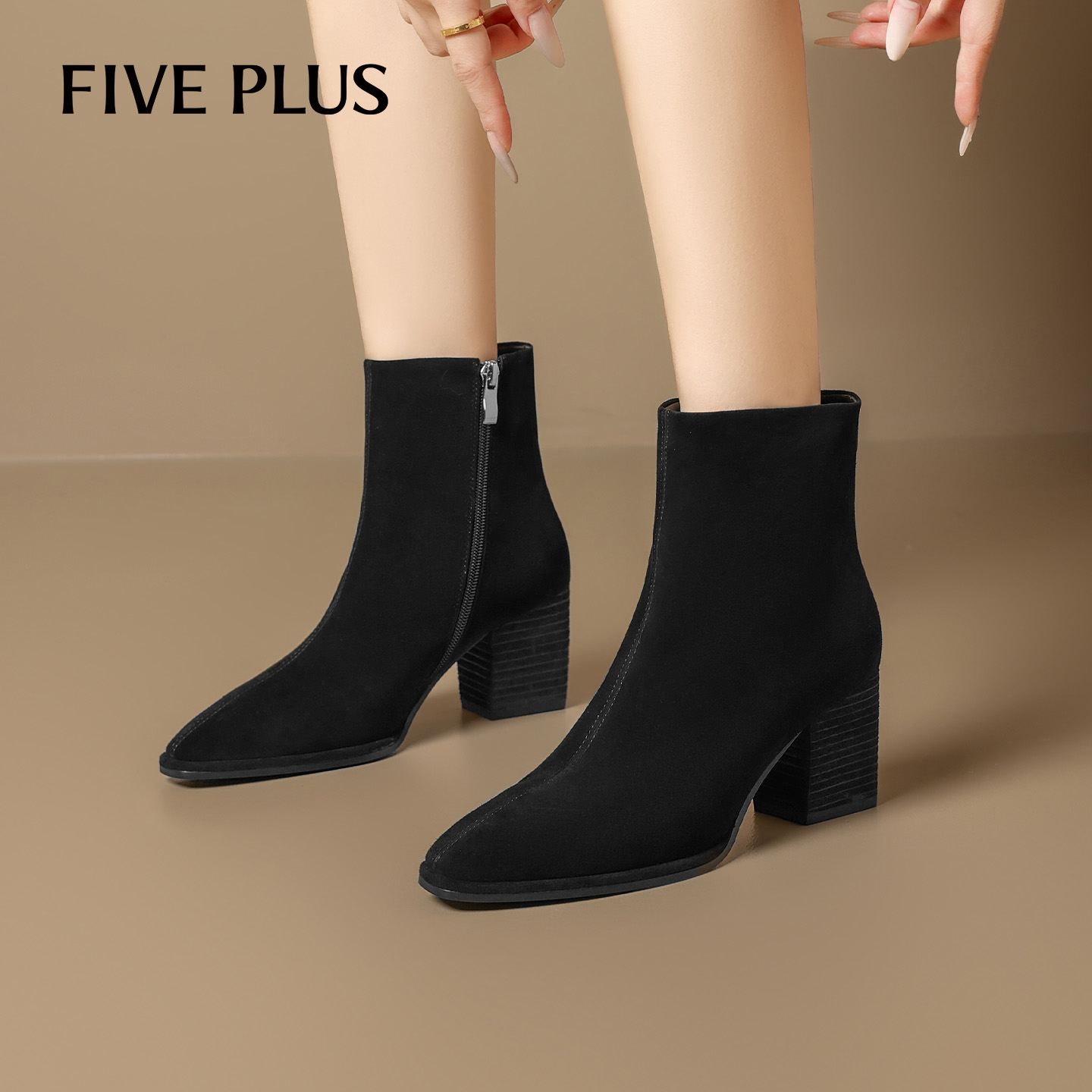 FIVEPLUS绒面粗跟短靴