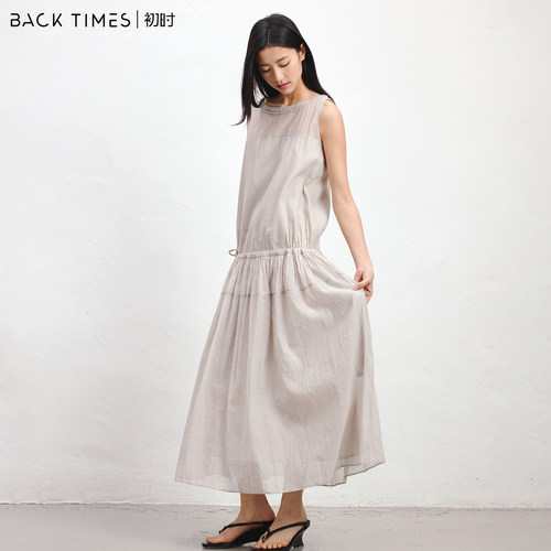 初时 BACK TIMES｜浅灰色无袖连衣裙夏季新款收腰抽绳透气长裙