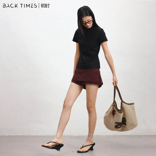 初时 BACK TIMES｜26SS仿麂皮酒红裙裤 高腰 A 字显瘦防走光短裤
