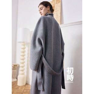 初时|新款双面大衣女中长款黑色羊毛呢赫本外套