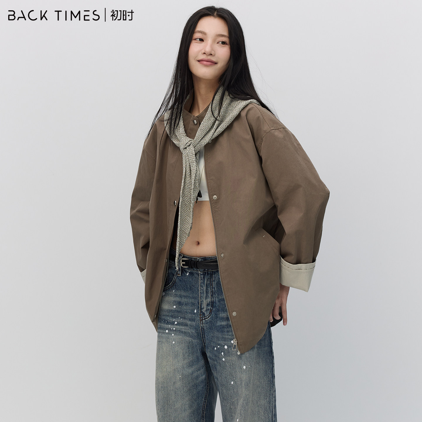 初时工装风风衣女秋季新款宽松廓形休闲外套小个子卡其色薄款夹克