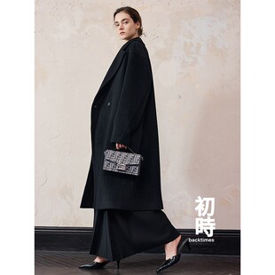 初时|新款双面大衣女中长款黑色羊毛呢外套