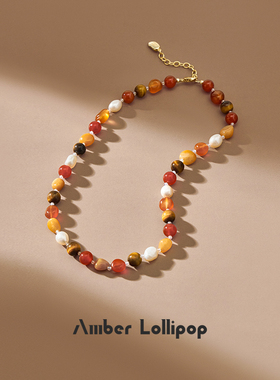 Amber Lollipop红玛瑙项链女款天然巴洛克珍珠颈链宝石串珠锁骨链