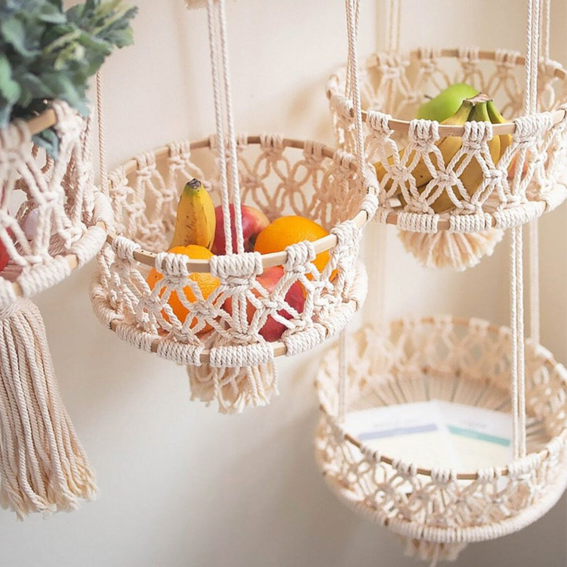 北欧风装饰收纳篮厨房三层蔬果篮棉绳编织家居收纳筐植物吊篮壁挂,收纳整理,其他收纳篮,淘宝优惠券,粉丝福利购,淘宝优惠卷