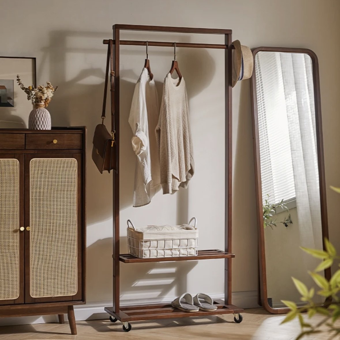 实木挂衣架落地式衣帽架家用可移动多层晾衣架卧室衣服收纳置物架