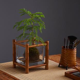 中古风花架桌面竹制养鱼缸茶室花几盆景绿植水培植物花台架置物架