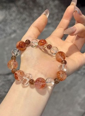 天然白水晶红胶花手串高级感时尚
