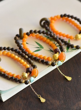 天然老蜡两圈手串满蜜老花蜡沉香