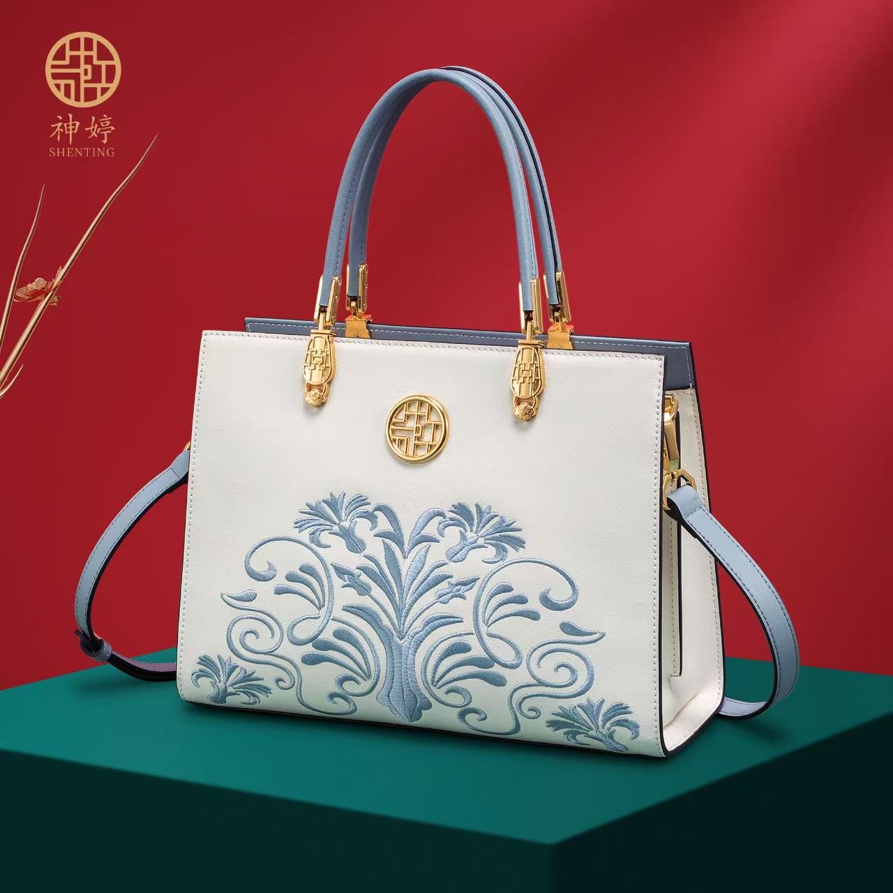 神婷新中式国风轻奢真皮手提女包