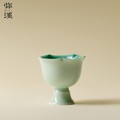 弥溪手工陶瓷松石绿高足花口杯家用高颜值品茗杯中式复古茶杯茶具
