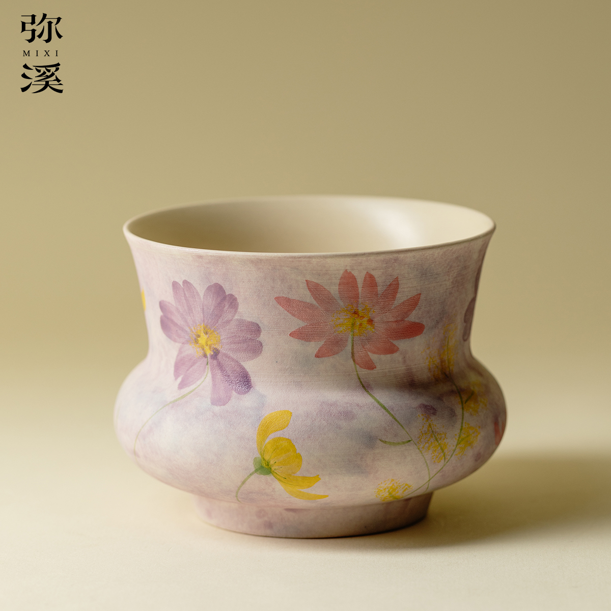 弥溪油画紫花繁路野圆口建水家用中式陶瓷茶洗茶水缸壶承茶具配件