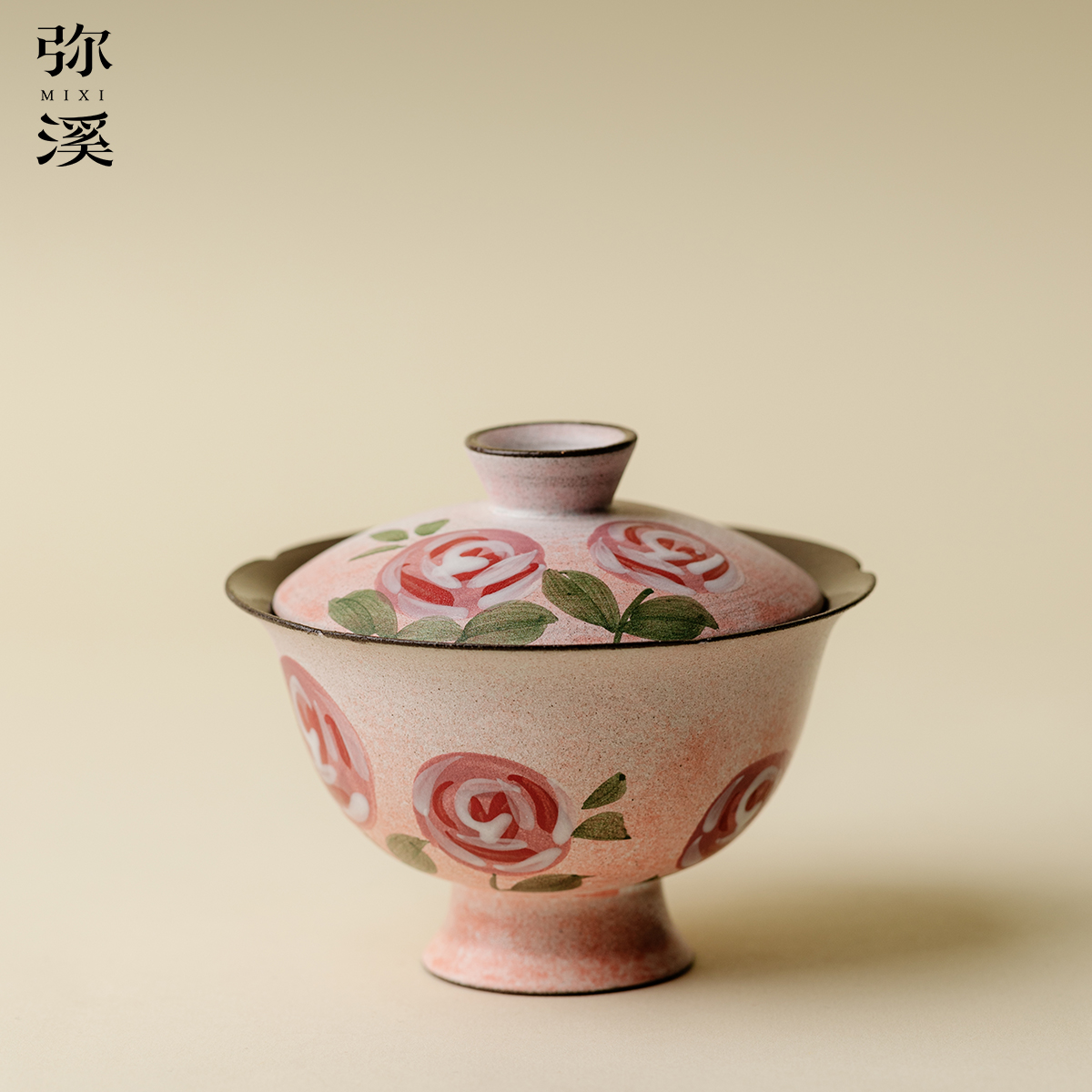 弥溪复古粉引般红玫瑰花口盖碗纯手绘不烫手茶碗茶杯家用功夫茶具