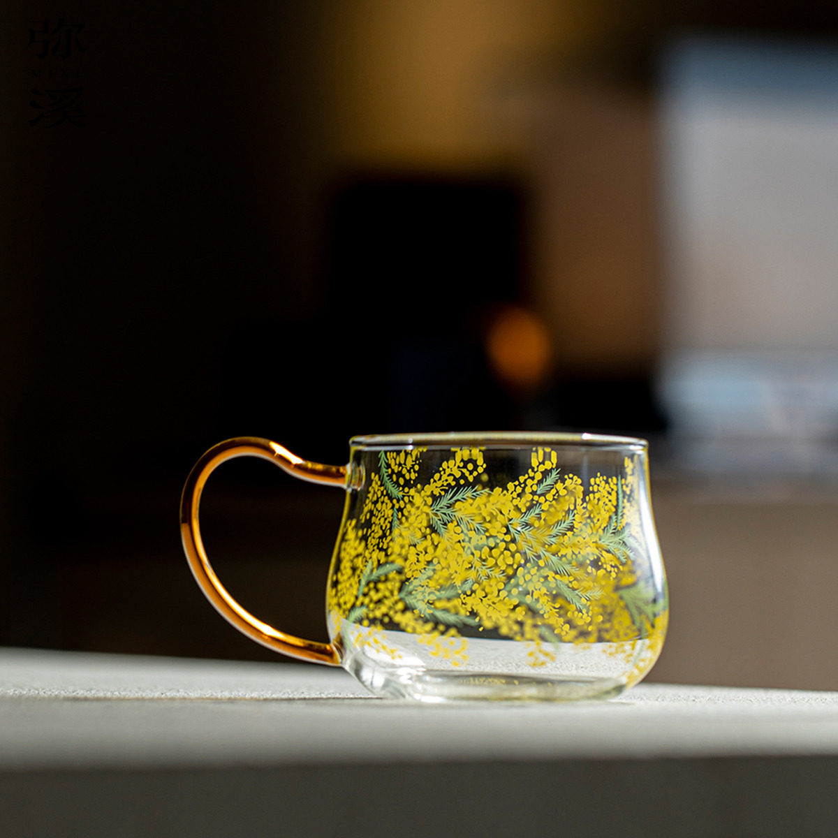 弥溪透明玻璃杯贴花金百合和风杯家用高档咖啡杯耐热水杯功夫茶具