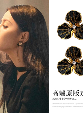 迪丽热巴枭起青壤聂九罗同款黑色花朵耳钉气质复古高级感耳环耳饰