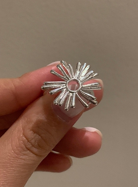 复古重工银色拉丝烟花镂空戒指春