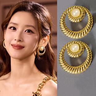 章泽天UCCA艺术晚宴同款 金色链条圈圈仿珍珠耳环气质耳饰耳钉耳坠