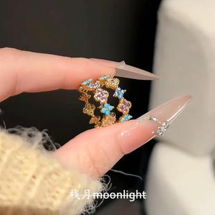 中古Vintage四叶草仿锆石绿松石戒指复古轻奢设计感精致气质指环