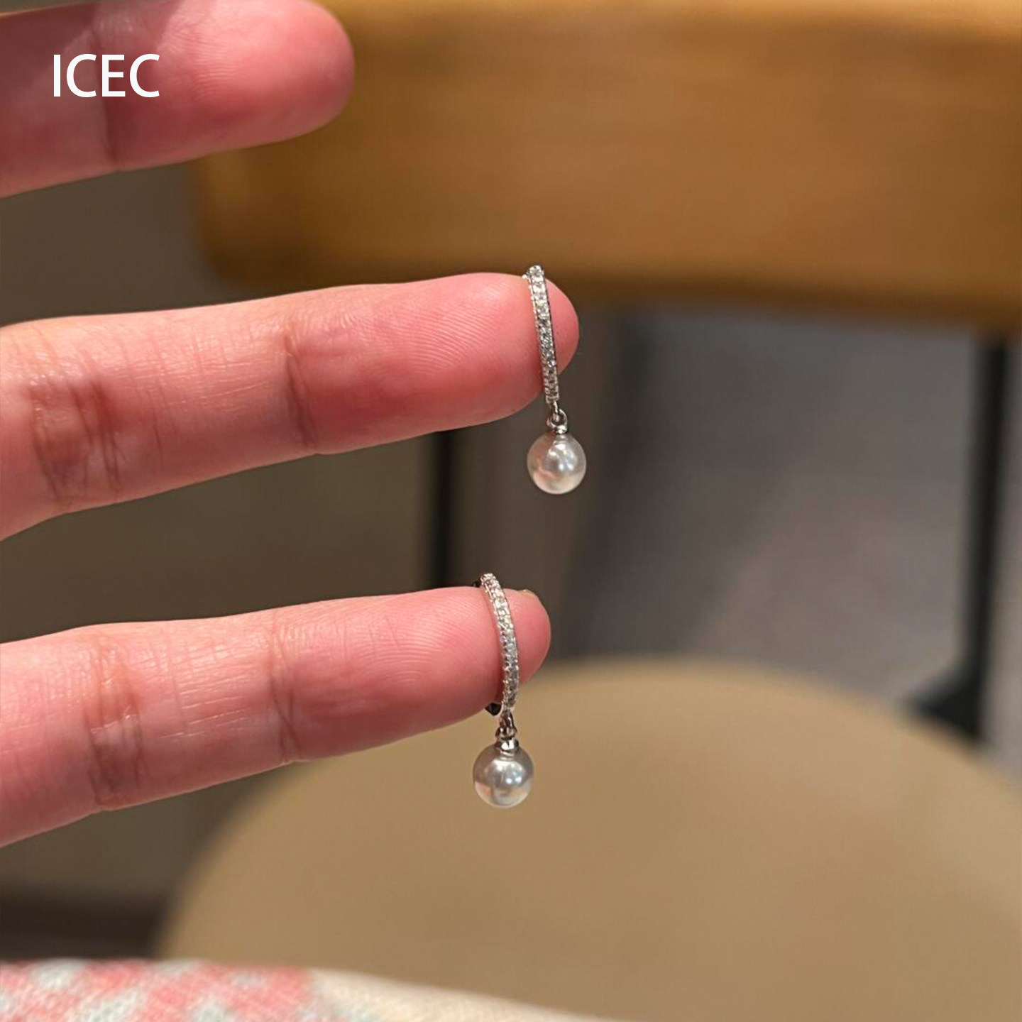 法式复古仿钻珍珠吊坠耳扣简约女