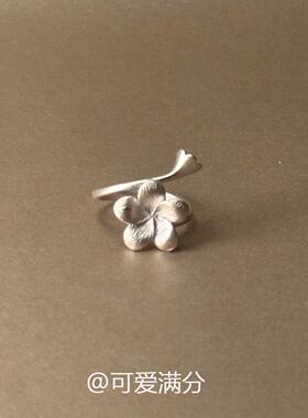 复古银色拉丝花朵开口戒指高级感