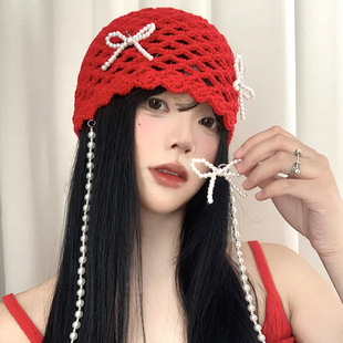 韩系仿珍珠蝴蝶结红色包头帽复古显脸小甜美可爱套头帽针织帽子女