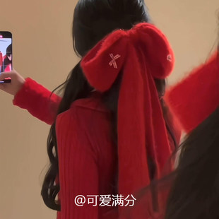 甜美风红色毛绒蝴蝶结发夹新年氛围感穿搭气质百搭显白喜庆发饰女