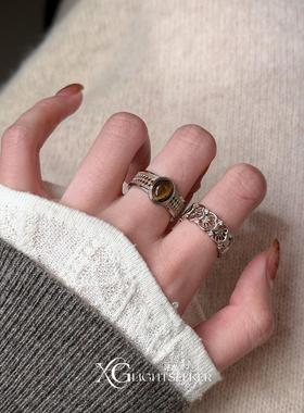 中古镂空雕花仿虎眼石戒指设计感