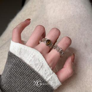 中古做旧镂空雕花仿虎眼石戒指小众设计感指环复古精致素圈食指戒