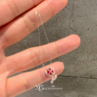 Vintage中古爆闪红色花朵仿锆石鱼线项链高级感极细毛衣链女配饰