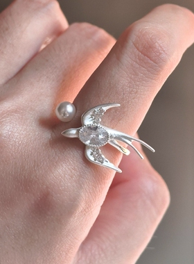 新中式立体感拉丝飞燕仿珍珠戒指