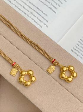 新中式金色镂空花朵福牌编绳项链