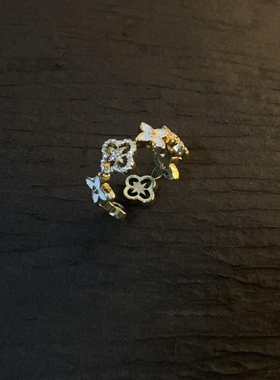 Vintage中古镂空滴釉四叶花戒指