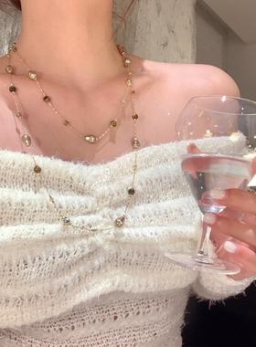 复古不规则虎眼石长款多叠戴项链