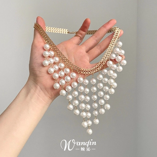 法式 复古仿珍珠项链高级感轻奢小众宫廷风气质重工多流苏锁骨精链