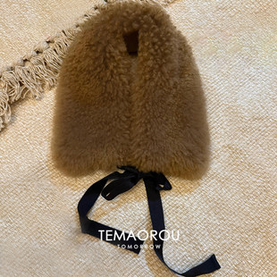 发财宅女同款 氛围感围脖领巾 棕色羊羔毛领系带围巾复古老钱风冬季