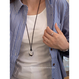 毛衣链 黑绳长款 极简银色水滴吊坠项链冷淡风女2025新款 百搭新中式