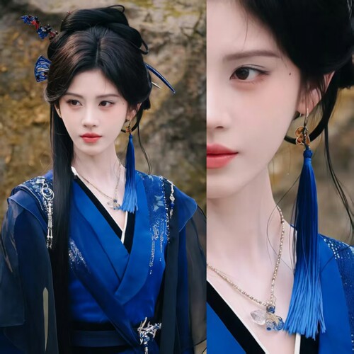 鞠婧祎来战阿戴同款蓝色流苏耳环